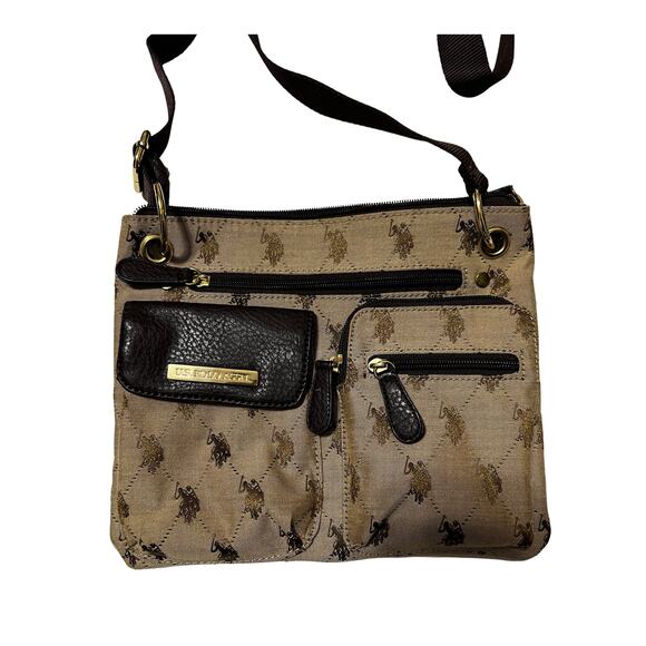 VTG US Polo Assn. Logo Design Tan and Brown Multi-Pocket Crossbody Bag EUC - Picture 1 of 3